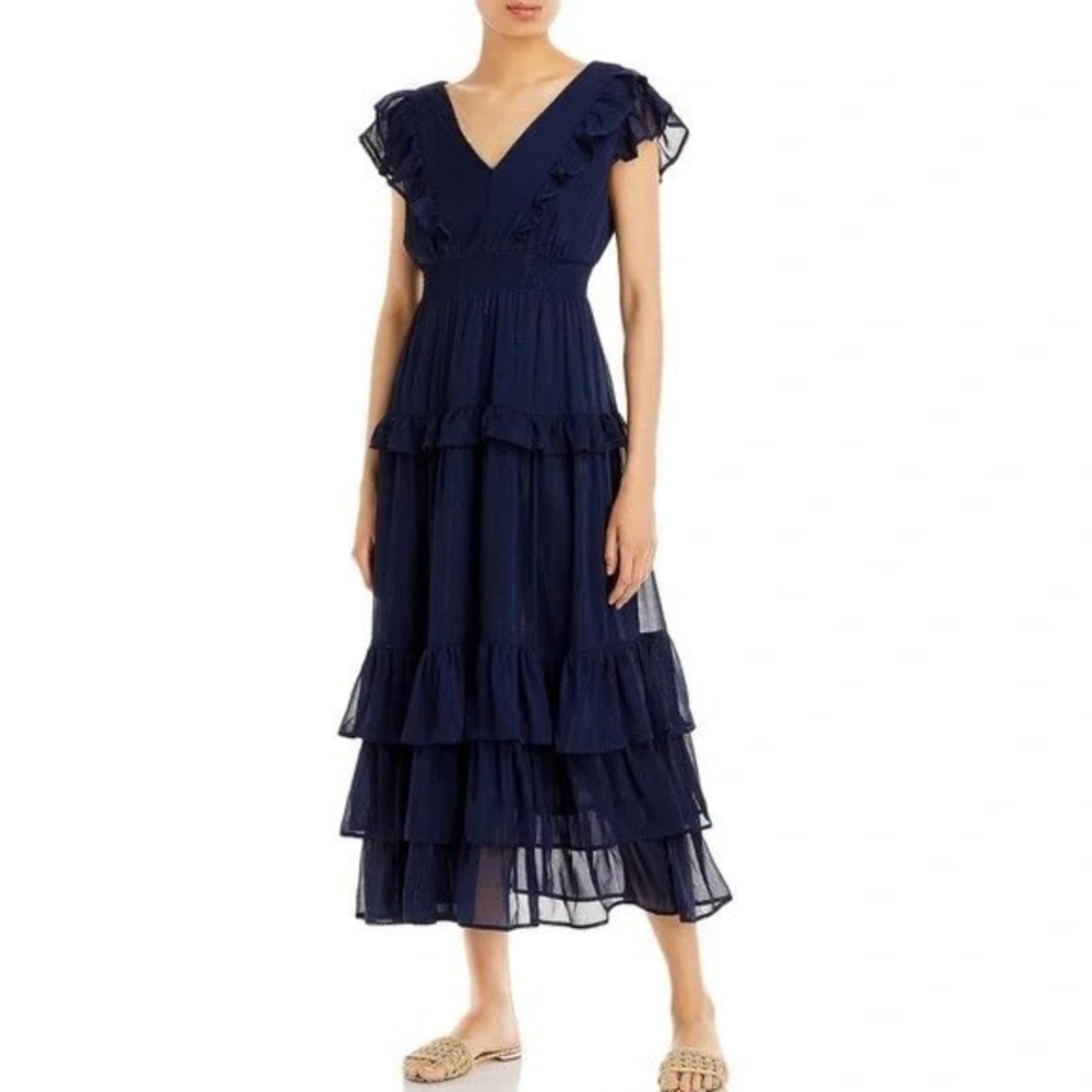 AQUA Navy Blue Metallic Lurex Ruffle Tiered Maxi Dress Smocked Waist Size Medium